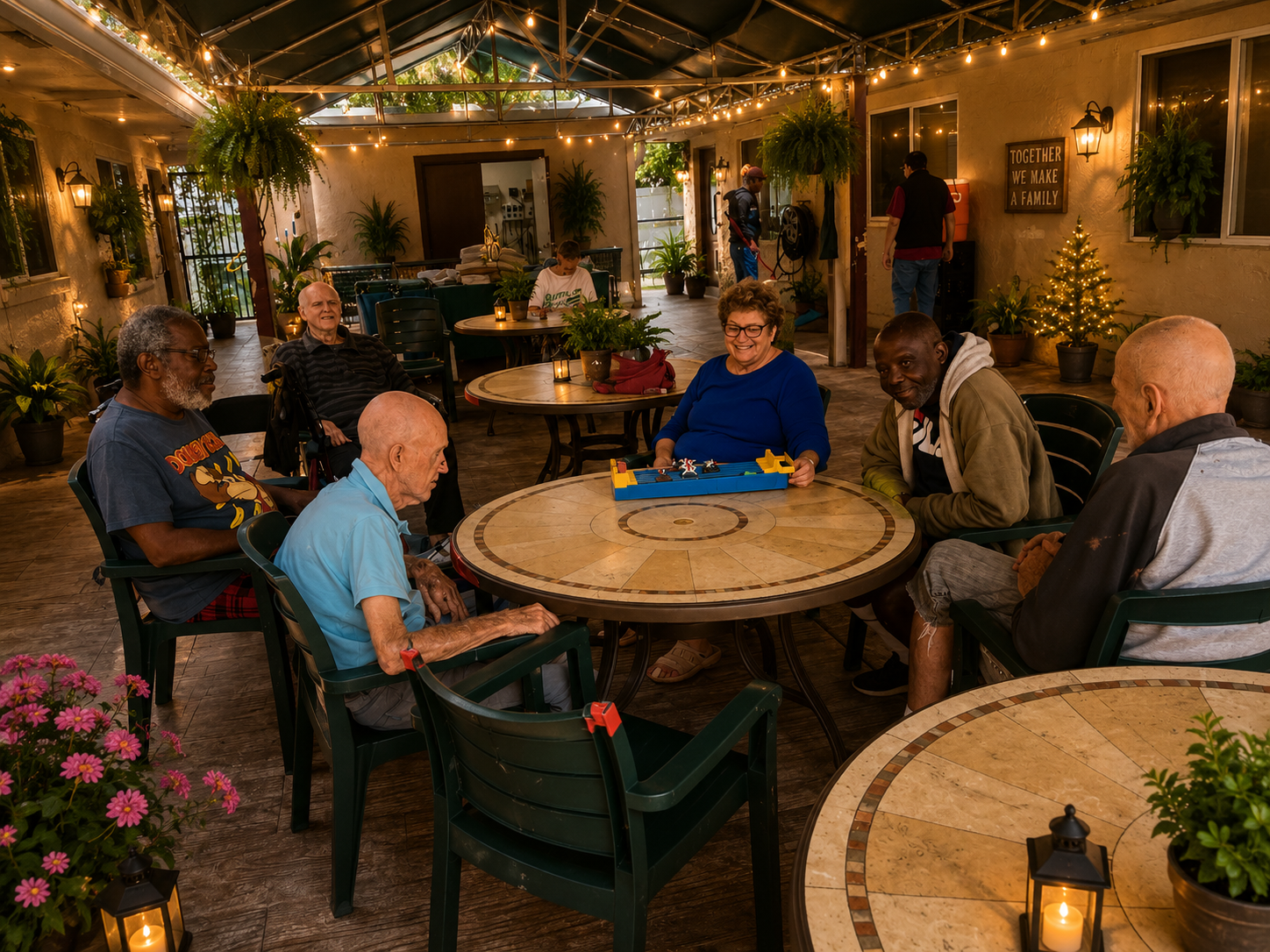 Residents playing a board game together in Atlantis Senior Care Residence's string-lit courtyard